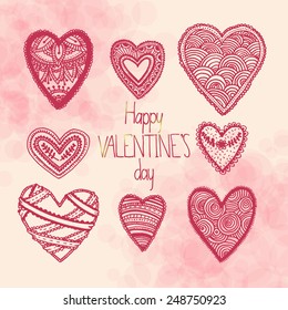 set of hand drawn doodle hearts, romantic card template, design elements