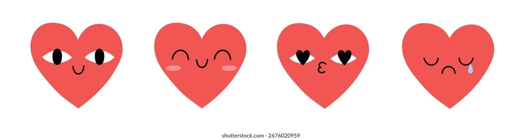Conjunto de corazones de doodle dibujados a mano con diferentes emociones. Elementos de diseño para la tarjeta de felicitación, impresión, invitación. pegatinas, cartel. Ilustración vectorial aislada