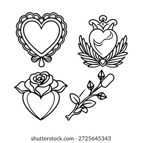 Conjunto de corazones de doodle dibujados a mano, rosas, hojas y ramas.
