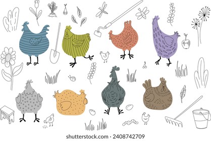 Set of hand drawn doodle hen, rooster, chicken, hen, egg, garden tools.