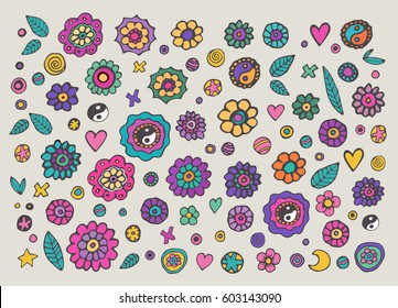 Set of  hand drawn doodle hippie flowers,retro 60s style.Simple design elements.Vector