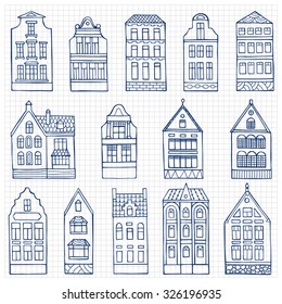 Set of hand drawn doodle houses on squared paper.  Vector illustration for backgrounds, web design, design elements, textile prints, covers 