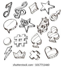 Set of hand drawn doodle icons isolated on white background: bitcoin, speech bubble, hashtag, star, playing card suits and other.