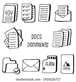 Set of hand drawn doodle icons. Documents, data in Sketch style. Vector illustration.