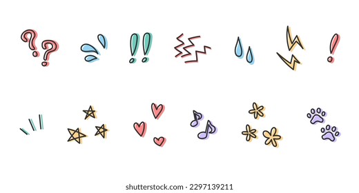 Set von handgezeichneten Doodle-Symbolen. Vektorgrafik süßer Emotionssymbole wie Ausrufezeichen, Frage, Herz, Stern, Blume und Tröpfchen.