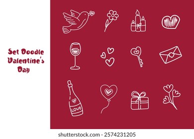 Set of hand drawn doodle icons in white on the theme of love