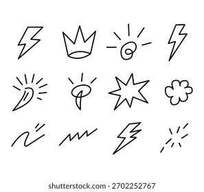 Set of hand drawn doodle icons: lightning, crown, sun, star, cloud, scribble