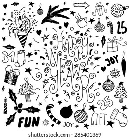Set of hand drawn doodle icons and lettering. Happy new year and merry Christmas.