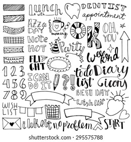 Set of hand drawn doodle icons. Vector diary stickers