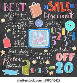 Set of hand drawn doodle icons. Sale and discount vector elements.
