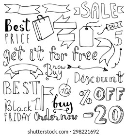 Set of hand drawn doodle icons. Sale and discount vector elements.