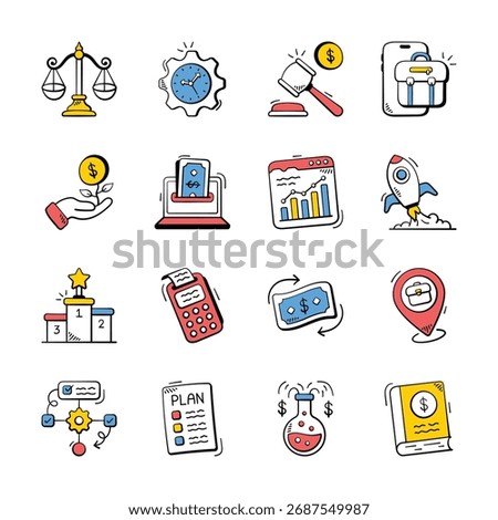 A set of hand drawn doodle icons depicting business and financial concepts