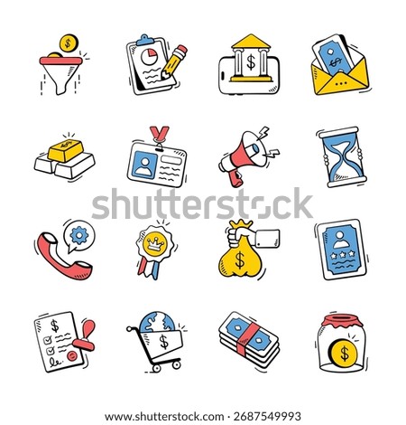 A set of hand drawn doodle icons depicts business and finance concepts