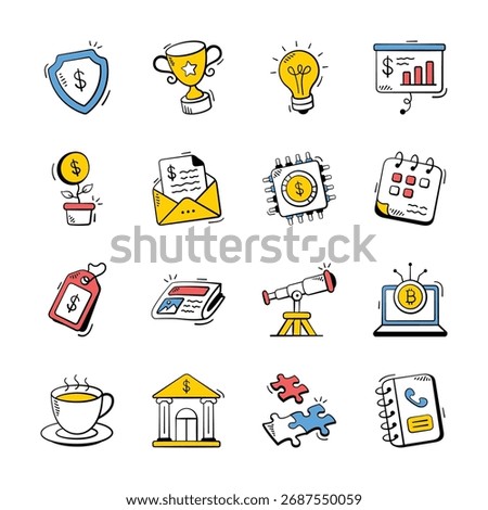 A set of hand drawn doodle icons depicts business and finance related elements