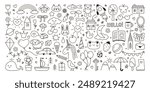 Set of hand drawn doodle illustrations in kids style. Cute child scribble. Simple line drawings of animals, rocket, car, planet, house, flowers. Outline childish icons background. Vector design
