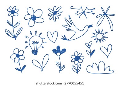 Set of hand drawn doodle including flowers bird lightbulb and heart shapes