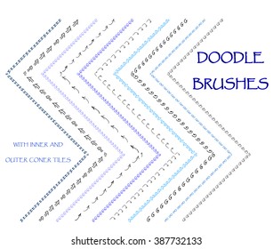 Set of hand drawn doodle, ink brushes, seamless decorative borders, dividers, frames, vector design elements. Brushes are included