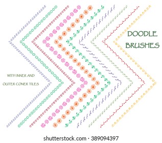 Set of hand drawn doodle, ink brushes, seamless decorative borders, dividers, frames, vector design elements. Brushes are included