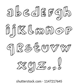 Set of hand drawn doodle isometric outline letters and punctuation marks. Vector illustration in black isolated over white.