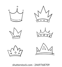 Set of Hand drawn doodle King crown sketches or majestic tiara, queen royal diadems. Line art prince and princess luxurious crowns head accessories isolated on white background, vector. 