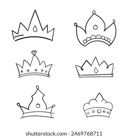 Set of Hand drawn doodle King crown sketches or majestic tiara, queen royal diadems. Line art prince and princess luxurious crowns head accessories isolated on white background, vector. 