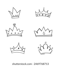 Set of Hand drawn doodle King crown sketches or majestic tiara, queen royal diadems. Line art prince and princess luxurious crowns head accessories isolated on white background, vector. 