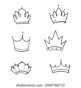 Set of Hand drawn doodle King crown sketches or majestic tiara, queen royal diadems. Line art prince and princess luxurious crowns head accessories isolated on white background, vector. 