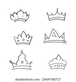 Conjunto de dibujos de la corona del rey de garabato dibujado a mano o tiara majestuosa, diademas reales reina. Línea de arte príncipe y princesa coronas de lujo accesorios de cabeza aislados sobre fondo blanco, Vector. 