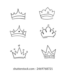 Set of Hand drawn doodle King crown sketches or majestic tiara, queen royal diadems. Line art prince and princess luxurious crowns head accessories isolated on white background, vector. 