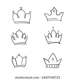 Set of Hand drawn doodle King crown sketches or majestic tiara, queen royal diadems. Line art prince and princess luxurious crowns head accessories isolated on white background, vector. 