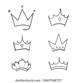 Set of Hand drawn doodle King crown sketches or majestic tiara, queen royal diadems. Line art prince and princess luxurious crowns head accessories isolated on white background, vector. 