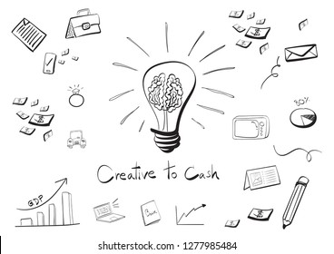 Set of hand drawn doodle with lamp, cash, laptop, pencil, microwave, envelope and and other creative idea. Cartoon sketch style. Vector illustration design concept. - Vector 
