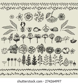 set of hand drawn doodle leaves and flowers