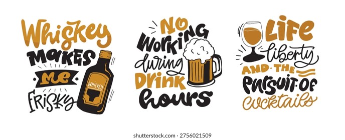 Set hand drawn doodle lettering quote about alcohol - for wine Bag. Lettering for t-shirt design, mug print, bag print, clothes fashion. 100% hand drawn vector image.