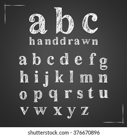 Set of hand drawn doodle letters alphabet. English lowercase scribbled serif font. Vector white chalk lettering design. 