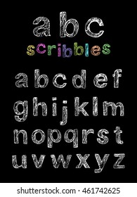 Set of hand drawn doodle letters alphabet. English lowercase scribbled non-serif font. 