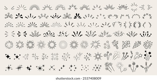 Set of hand drawn doodle line sparkle, explosion ray, decorative sun burst, shiny star silhouette, abstract glitter, light icon and christmas celebration firework isolated on white background. Sunbeam