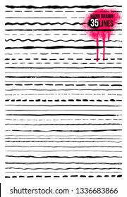 Set of Hand drawn doodle lines. Pen stroke sketch. Vintage underline border elements, cartoon frame set, pencil grunge decoration. Freehand drawing. Vector illustration. Isolated on white background.