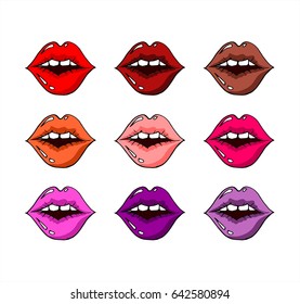 Set of Hand drawn doodle lips. Isolated vector illustration.