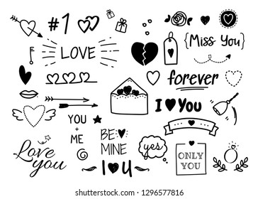 Set of hand drawn doodle love elements for Valentine's Day card. Vector collection with heart, envelope, key, arrow, lettering text.