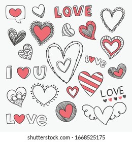 Set of hand drawn doodle love elements for wedding, Valentine's Day card, sticker, stamp design. Vector illustration with heart, love, speech bubble, arrow, lettering text. Hand drawn sketch style.