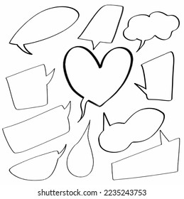 set hand drawn doodle love speech bubbles, balloon, chat, speech, dialog, talk, chat, message template