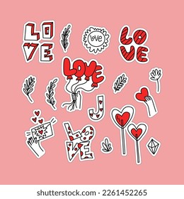 Set of hand drawn doodle love elements for Valentine’s day cards, stickers, decorative design elements. Vector illustration with hands, love lettering, romantic lettering, hearts.