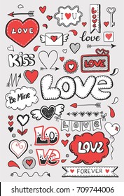 Set of hand drawn doodle love elements for wedding, Valentine's Day card, sticker, stamp design. Vector illustration with heart, love, speech bubble, arrow, lettering text. Hand drawn sketch style.
