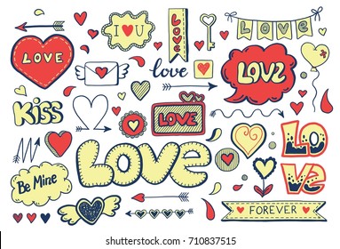 Set of hand drawn doodle love elements for wedding, Valentine's Day card, sticker, stamp design. Vector illustration with heart, love, speech bubble, arrow, lettering text. Hand drawn sketch style.