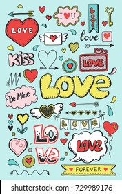 Set of hand drawn doodle love elements for wedding, Valentine's Day card, sticker, stamp design. Vector illustration with heart, love, speech bubble, arrow, lettering text. Hand drawn sketch style.