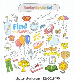 Set of Hand Drawn Doodle Miscellaneous theme on Grid Paper. Vector Illustration Eps.10.