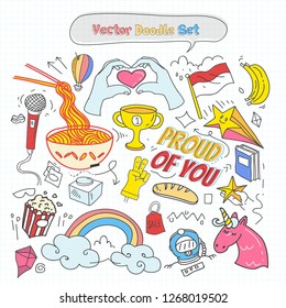 Set of Hand Drawn Doodle Miscellaneous theme on Grid Paper. Vector Illustration Eps.10.