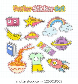 Set of Hand Drawn Doodle Miscellaneous theme patches on Grid Paper. Vector Sticker Patches  Collection.