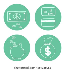 Set of hand drawn doodle money related icons isolated on minty blue circles.
